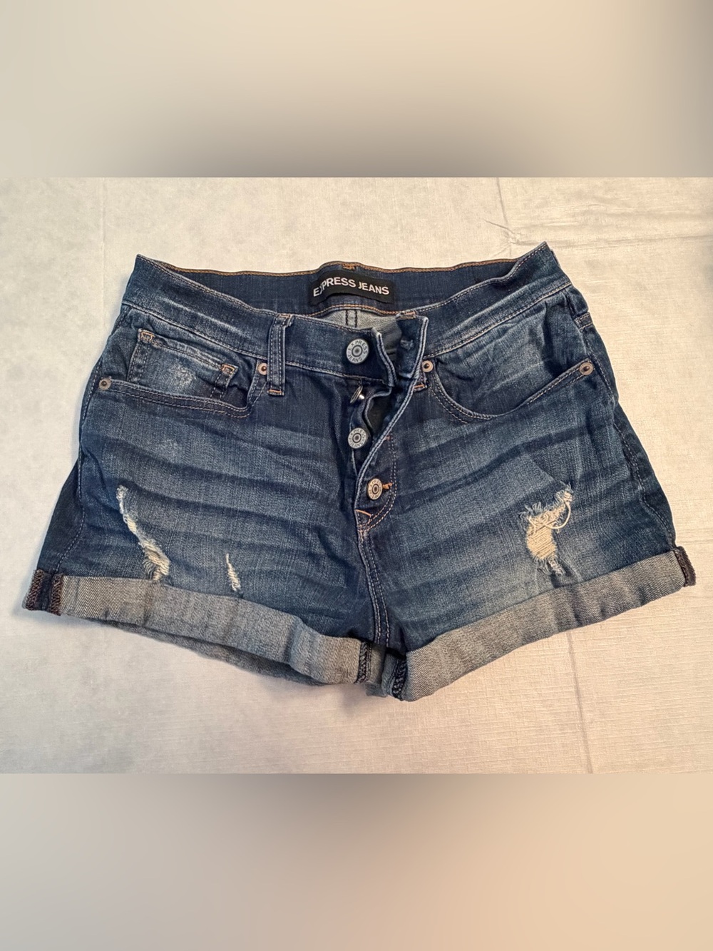 Express Women's Dark Blue Distressed Rolled Cuff Jean Shorts